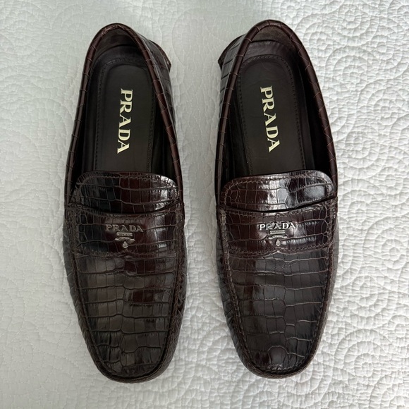 Prada Men's Dark Brown Croc-Embossed Loafers - Picture 2 of 16